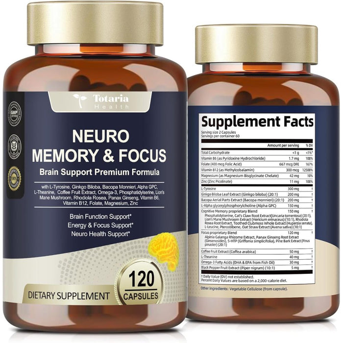 Totaria Brain Memory Focus Plus L-Tyrosine, Alpha GPC, Ginkgo Biloba, Bacopa Monnieri, and Saffron 120 Caps