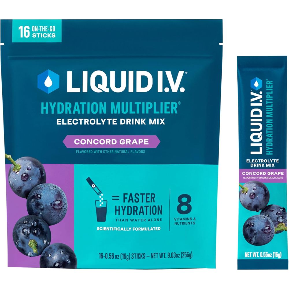 Liquid I V Hydration Multiplier Electrolytes Drink Mix Concord Grape Flavor To Replenish Minerals Lost Through Sweat, Boost Energy, and Provide Deep Hydration for your Body 16 Sticks 256g