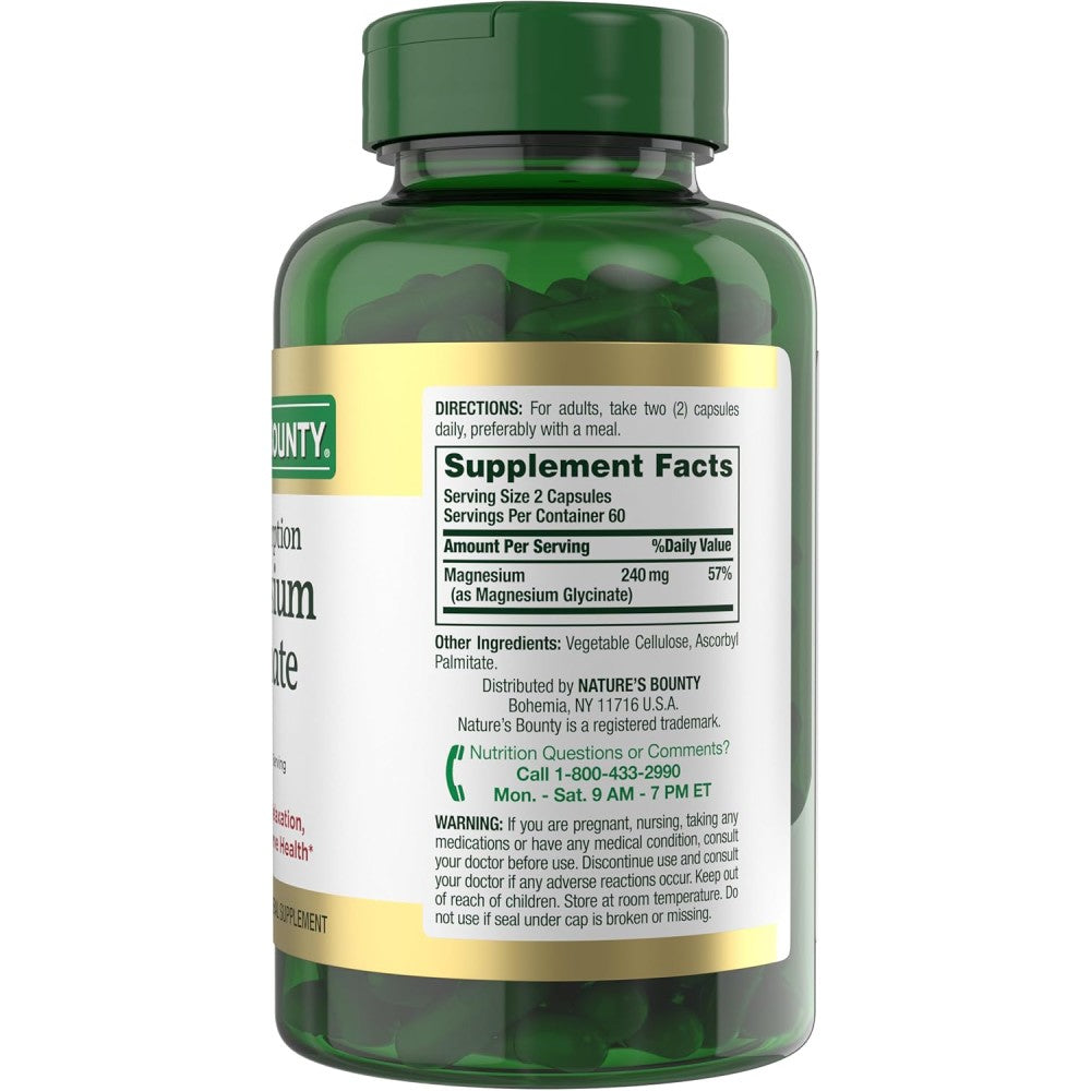 Nature's Bounty Magnesium Glycinate 240mg Supports Normal Muscle and Nerve Function, Energy Production, Electrolyte Balance, and Bone Health 180 Capsules