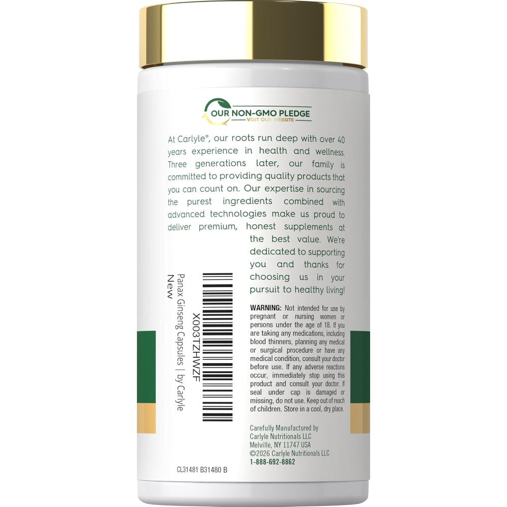 Carlyle Panax Ginseng & Ginkgo 5000mg To Support Energy, Vitality, Focus, Memory, and Overall Mental Wellness 120 Veg Caps