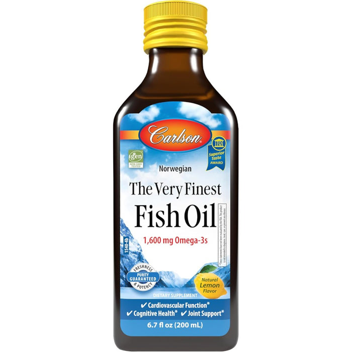 Carlson Very Finest Fish Oil for Adults Natural Lemon Flavor 1600mg Supports Brain Function, Focus, and Memory 200 ml