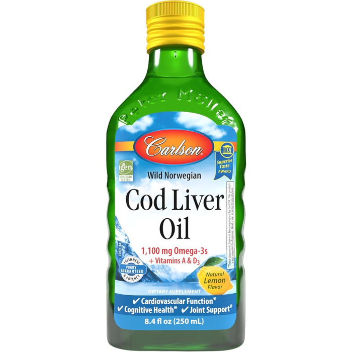 Carlson Cod Liver Oil 1100 mg Omega-3s Plus Vitamins A and D3, Wild Caught Norwegian Arctic Cod Liver Oil, Sustainably Sourced Nordic Fish Oil Liquid, Natural Lemon Flavor 250 mL