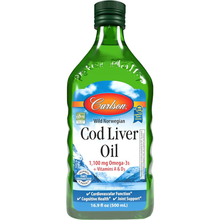 Carlson Cod Liver Oil 1100 mg Omega-3s Plus Vitamins A and D3, Wild Caught Norwegian Arctic Cod Liver Oil, Sustainably Sourced Nordic Fish Oil Liquid, Unflavored 500 mL
