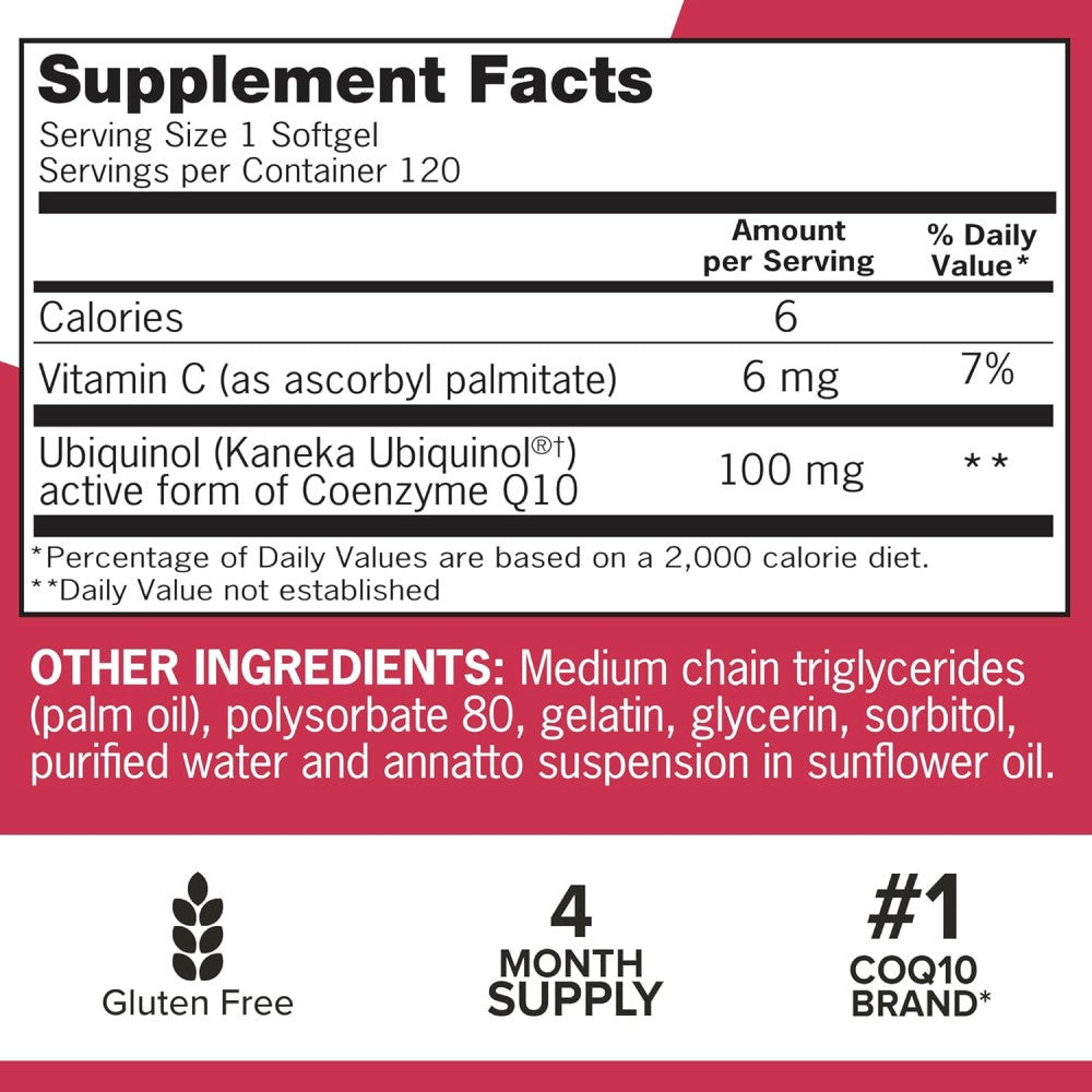 Qunol Mega CoQ10 Ubiquinol 100mg Active form of Coenzyme Q10 Supports Heart Health, Cellular Protection & Boosts Energy Levels 120 Softgels