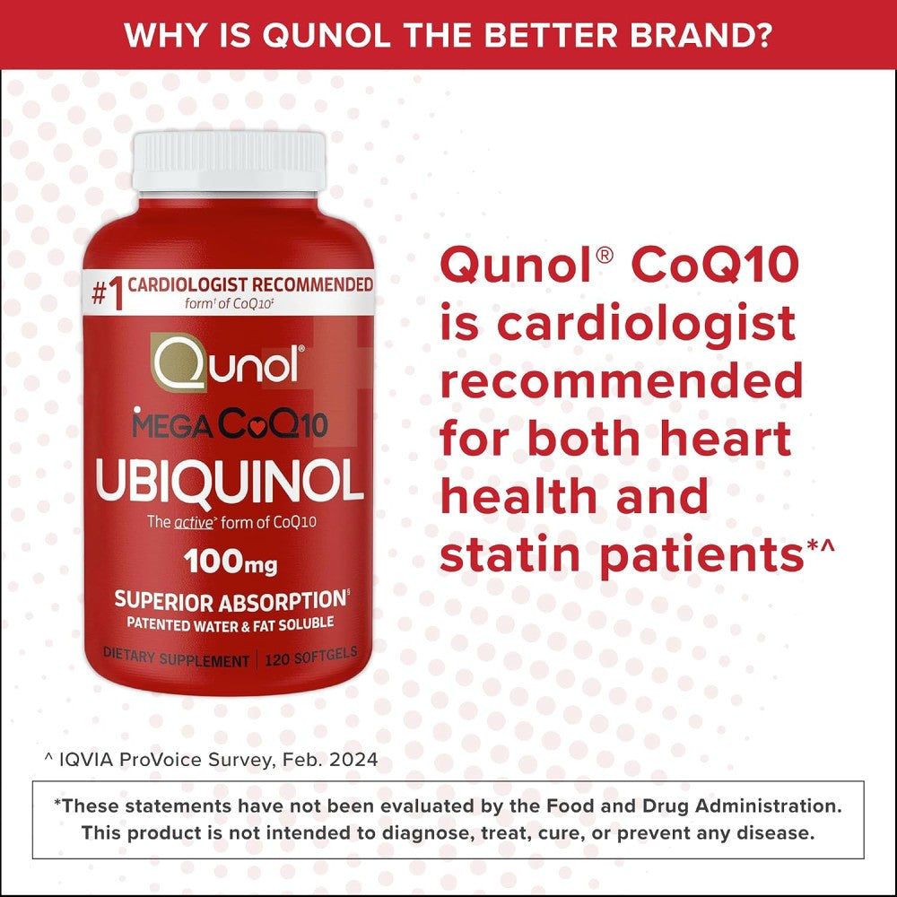 Qunol Mega CoQ10 Ubiquinol 100mg Active form of Coenzyme Q10 Supports Heart Health, Cellular Protection & Boosts Energy Levels 120 Softgels