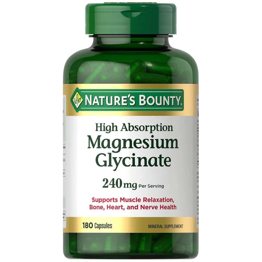 Nature's Bounty Magnesium Glycinate 240mg Supports Normal Muscle and Nerve Function, Energy Production, Electrolyte Balance, and Bone Health 180 Capsules