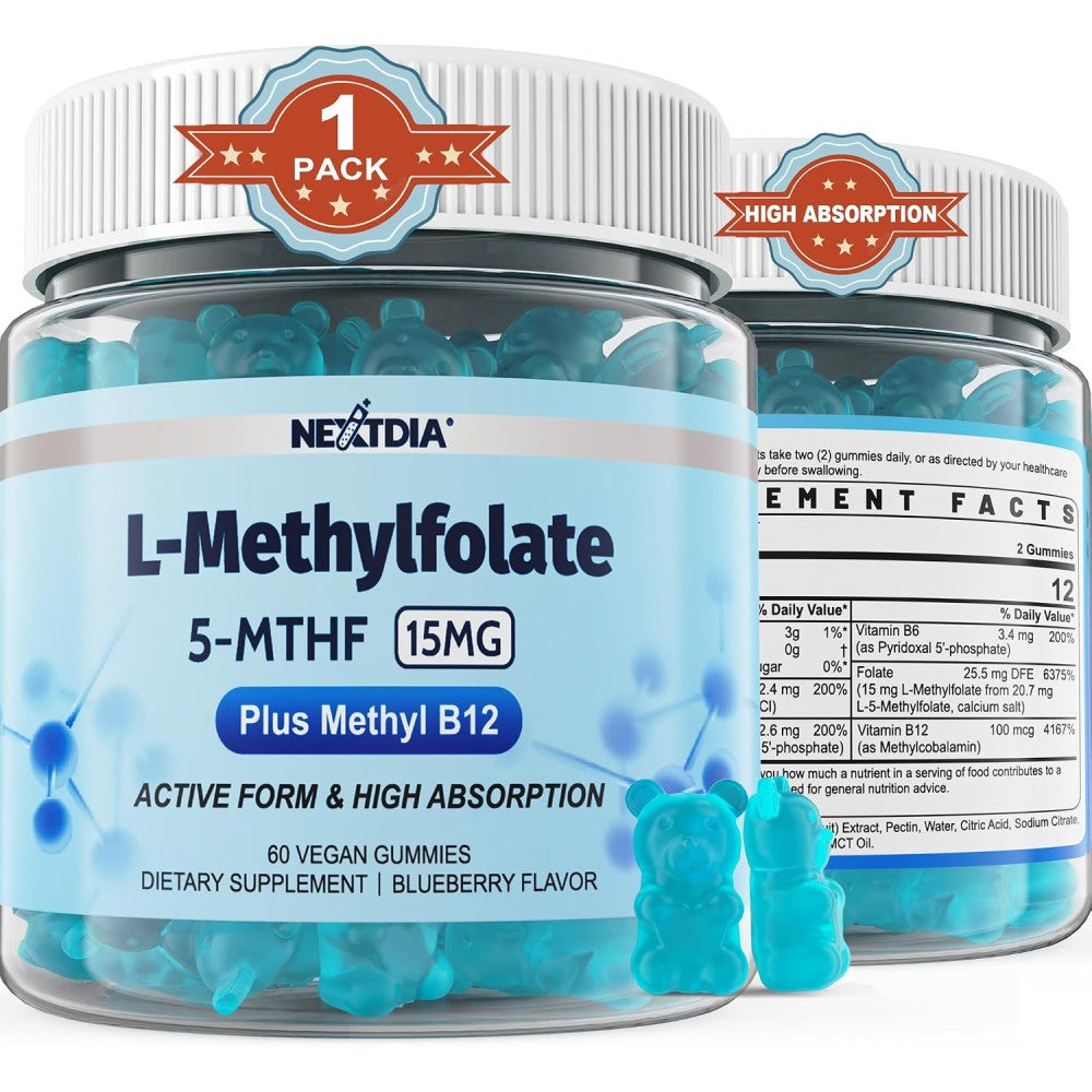 Nextdia L Methylfolate 15mg To Support Normal Blood Cell Formation, Nervous System Health, and Essential Folate-Related Functions 60 Veg Gummies