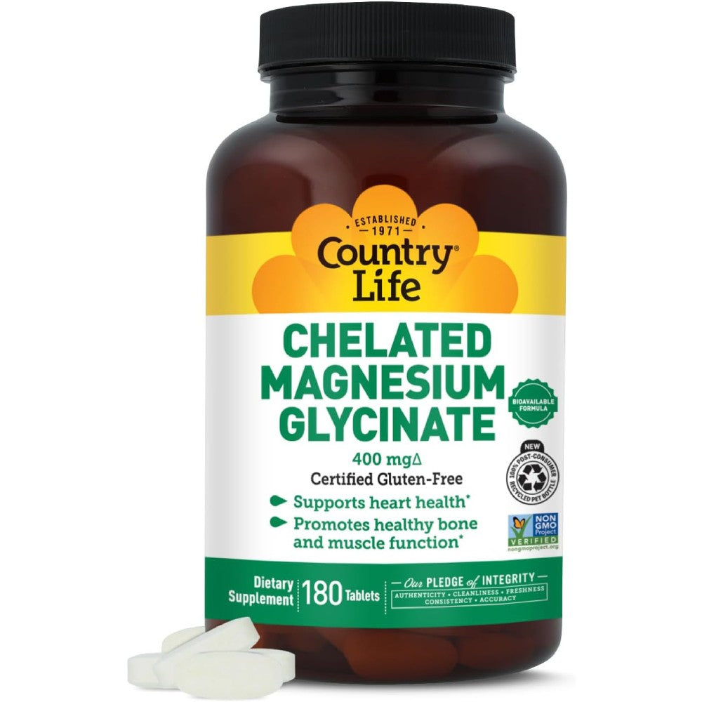 Country Life Chelated Magnesium Glycinate 400mg To Support Muscle and Nerve Function, Energy Production, and Healthy Bones 180 Tablets