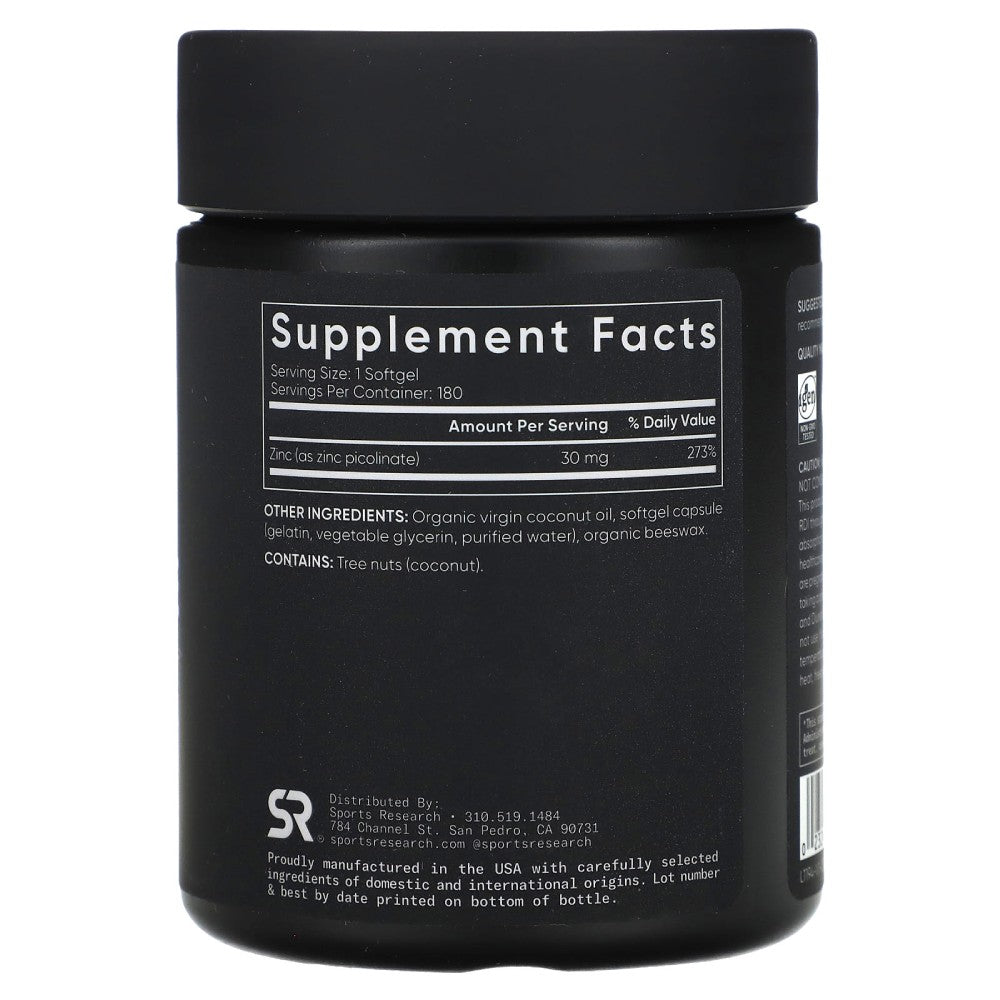 Sport Research SR Zinc Picolinate High Potency 30mg With Coconut Oil to Boost Immunity & Overall Health Support 180 Softgels