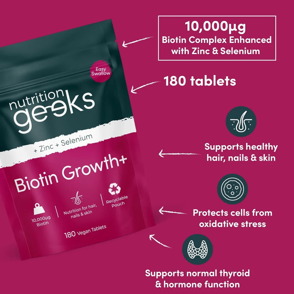 Nutrition Geeks Zinc + Selenium Biotin Growth To Support Overall Health, Immunity, and Beauty From Within 180 Tablets