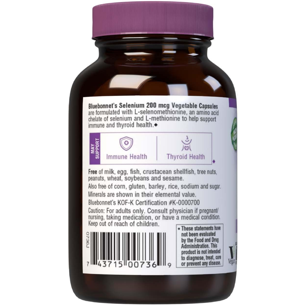 Bluebonnet Selenium 200mcg Supports Immune System Health, Promotes Proper Thyroid Function, and Helps Protect Cells With its Powerful Antioxidant Properties. It Also Contributes To Healthier Hair, Skin, and Heart Support 90 Veg Caps