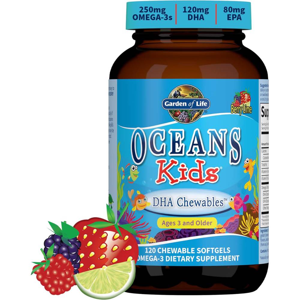 Garden of Life Oceans Kids , DHA Chewable with Omega 3s, EPA, Vitamin D3, Heart & Immune Health, Berry Lime, Sugar Free, 120 softgel