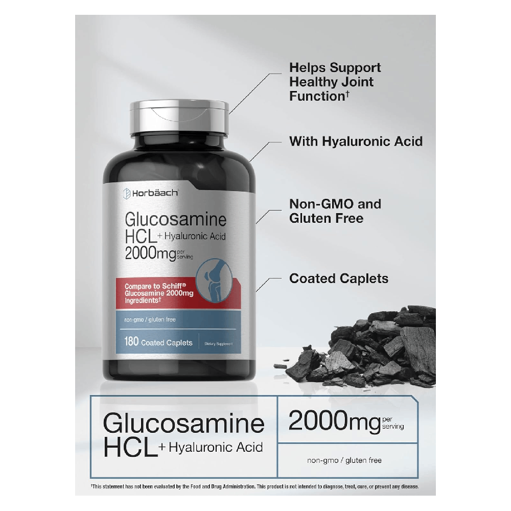 Horbäach Glucosamine HCL with Hyaluronic Acid 2000mg 120 Coated Caplets Non-GMO & Gluten Free Supplement