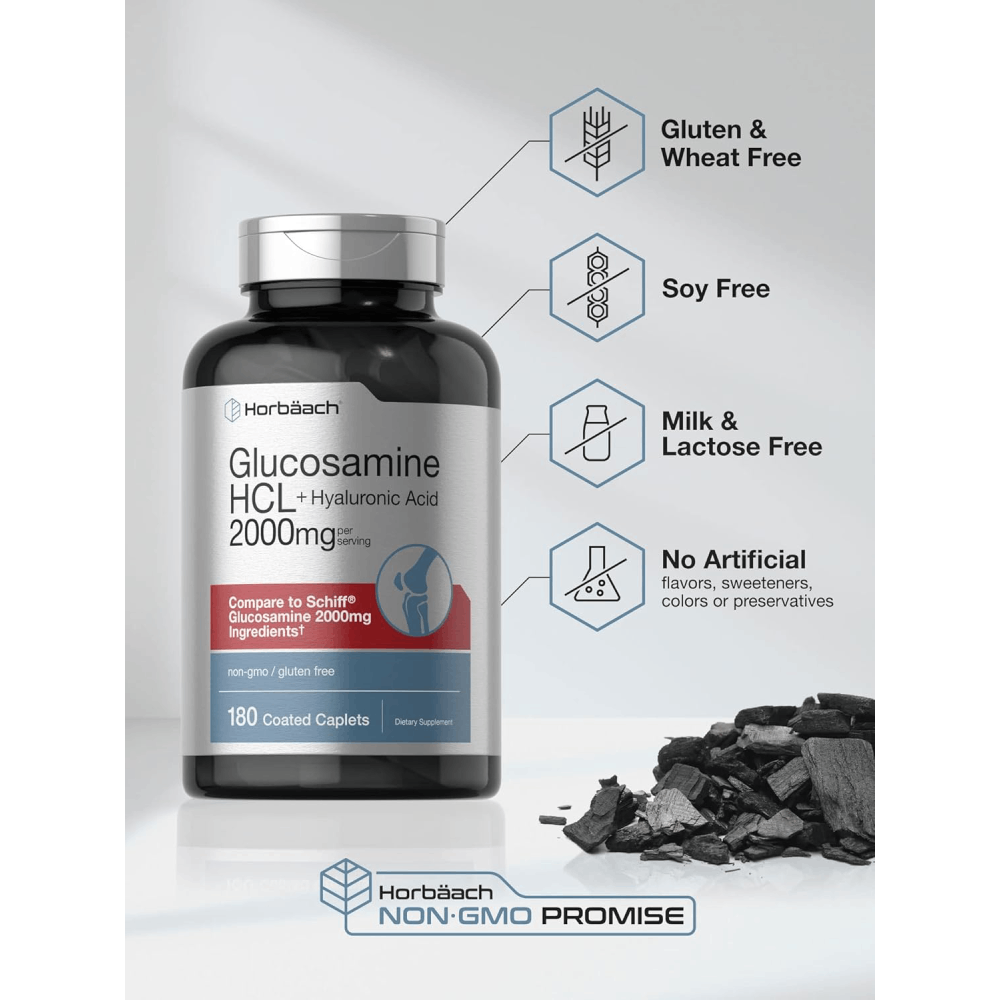 Horbäach Glucosamine HCL with Hyaluronic Acid 2000mg 120 Coated Caplets Non-GMO & Gluten Free Supplement