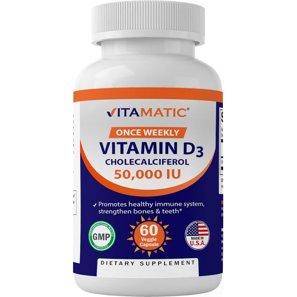Vitamatic vitamin d3 cholecalferol 50000 iu promotes healthy immune system strengthens bones and teeth 60 veg capsules