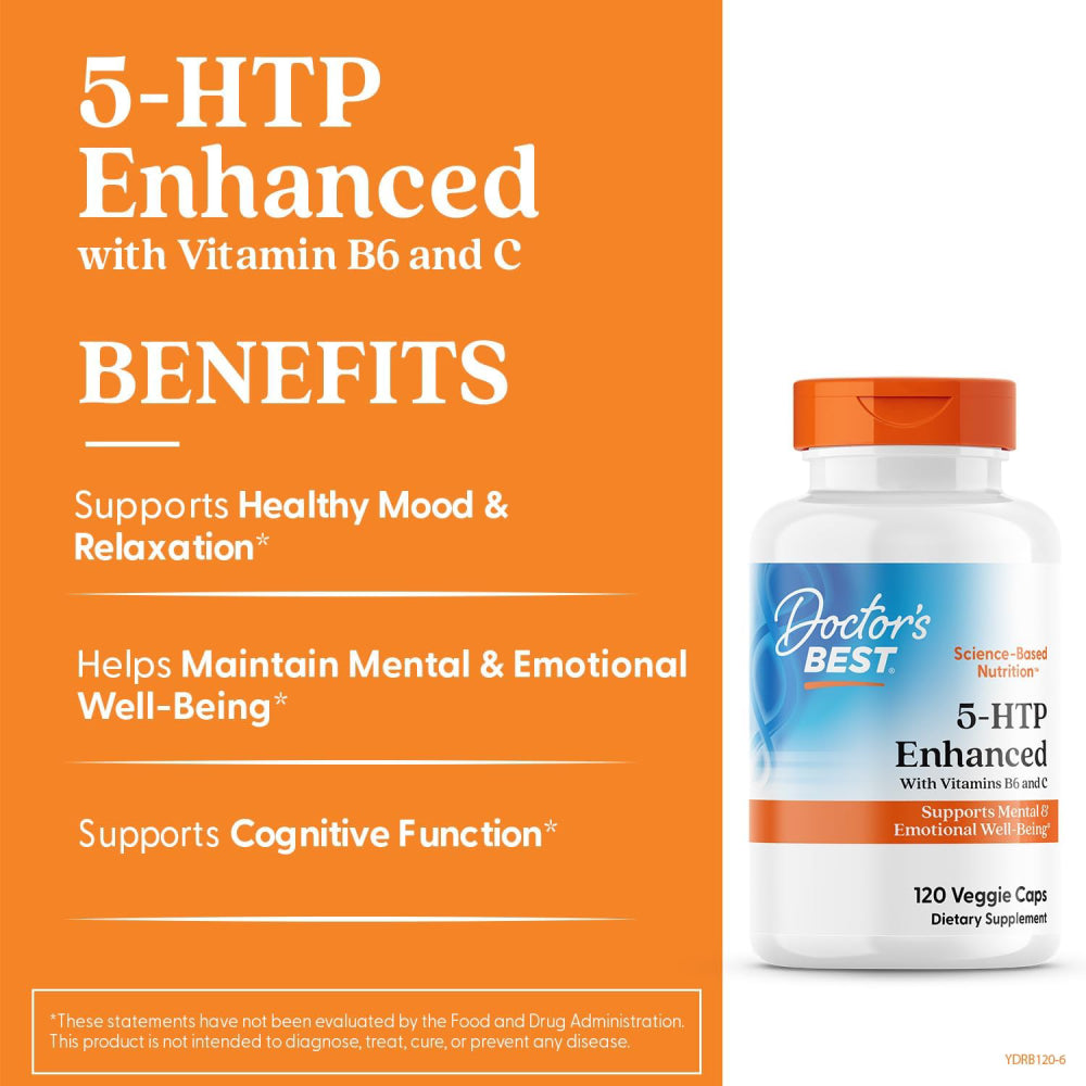 Doctor's Best 5 HTP Enhanced With Vitamin B6 And C To Support Emotional Well-Being, Relaxation, and Overall Wellness 120 Veg Caps