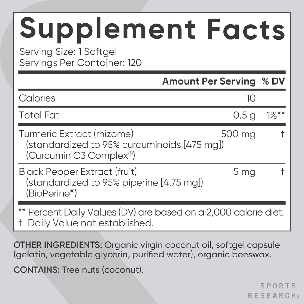 Sports Research Sr Turmeric Curcumin C3 Complex 500 Mg with 95% Curcuminoids, Bioperine and Organic Virgin Coconut Oil.120 Capsules