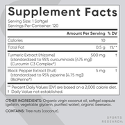 Sports Research Sr Turmeric Curcumin C3 Complex 500 Mg with 95% Curcuminoids, Bioperine and Organic Virgin Coconut Oil.120 Capsules