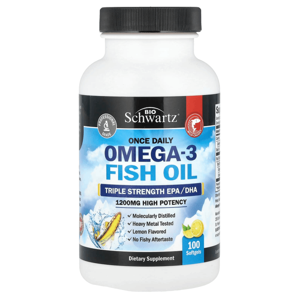 BioSchwartz Once Daily Omega-3 Fish Oil Triple Strength High Potency with Lemon flavor 1200mg 100 Softgels