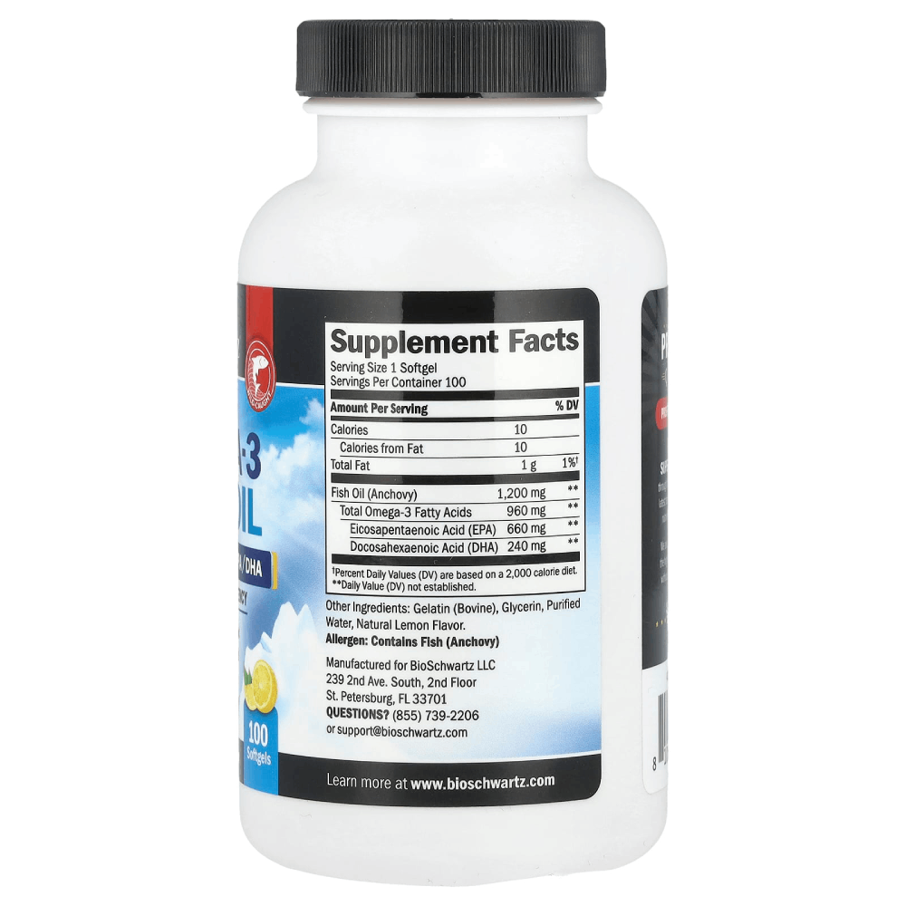 BioSchwartz Once Daily Omega-3 Fish Oil Triple Strength High Potency with Lemon flavor 1200mg 100 Softgels