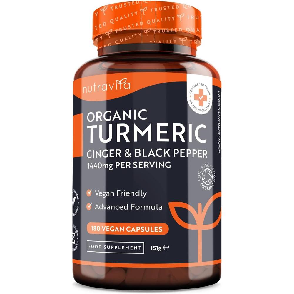 Nutravita Organic Turmeric 1440mg, with Black Pepper & Ginger, Organic Turmeric with Active Ingredient Curcumin, Improves Cardiovascular & Joint Health ,180 Vegan Capsules