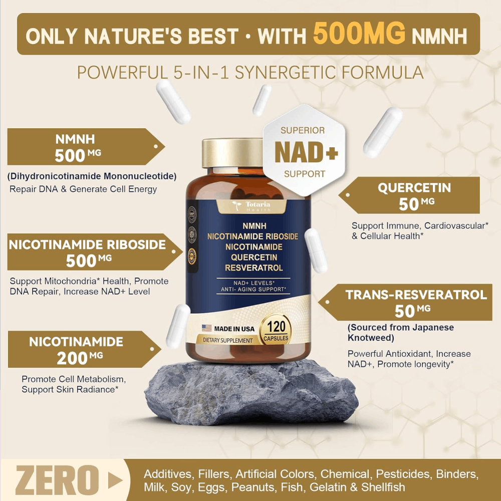 Totaria NMNH Alternative Supplement w/Niacinamide (Vitamin B3), Quercetin, Trans-Resveratrol, Support NAD+, Skin Cell Health, Anti-Aging & Energy, 120 Caps