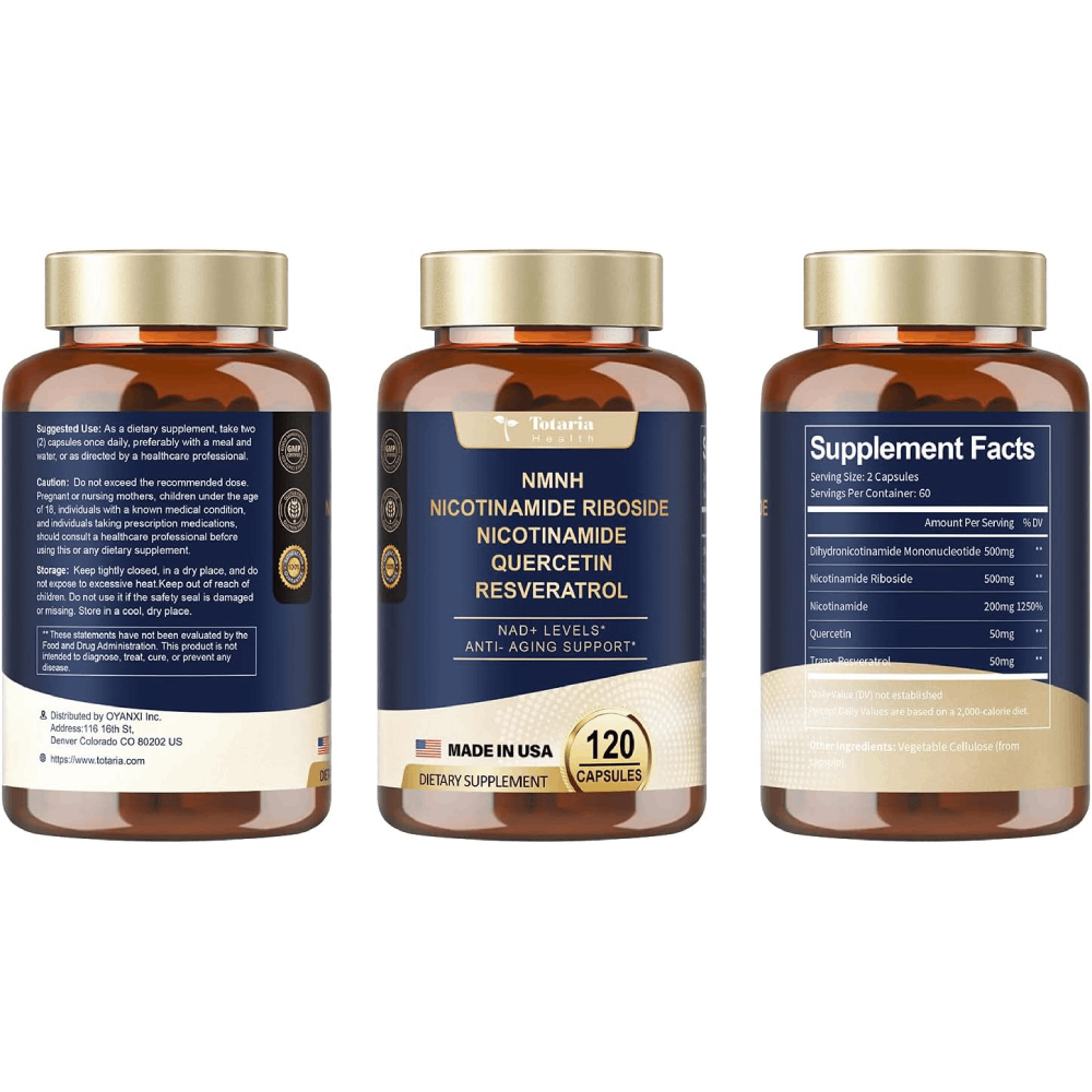 Totaria NMNH Alternative Supplement w/Niacinamide (Vitamin B3), Quercetin, Trans-Resveratrol, Support NAD+, Skin Cell Health, Anti-Aging & Energy, 120 Caps