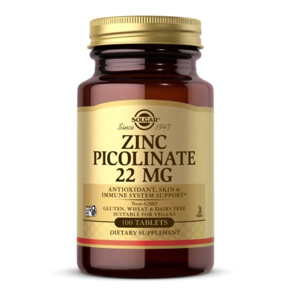 Solgar Zinc Picolinate 22mg, Promotes Healthy Skin, Supports Immune System, Normal Taste & Vision, Antioxidant, 100 Tablets
