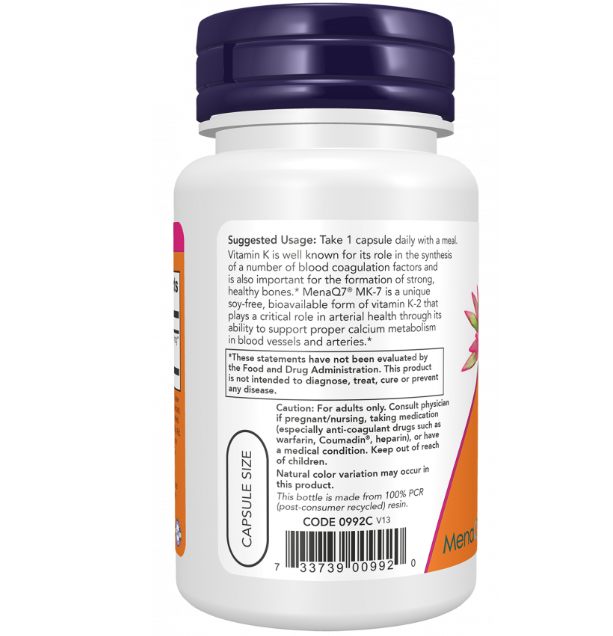 Now foods Vitamin K2 MK7 100mcg Supports Bone Health & Promotes Cardiovascular Health 120 veg capsules