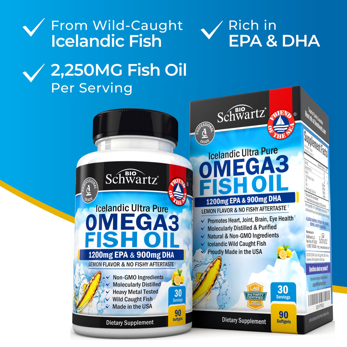 Bioschwartz Fish Oil Omega 3, 1200 mg EPA & DHA 900 mg, Lemon flavor Supports Joint, Eyes, Brain & Skin Health 90 Softgels